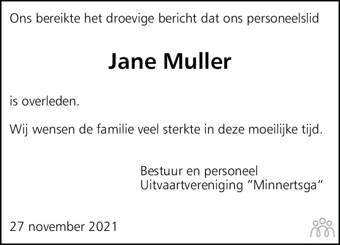 Overlijdensbericht van Jane Nancy (Janey) Muller-Faber in Friesch Dagblad