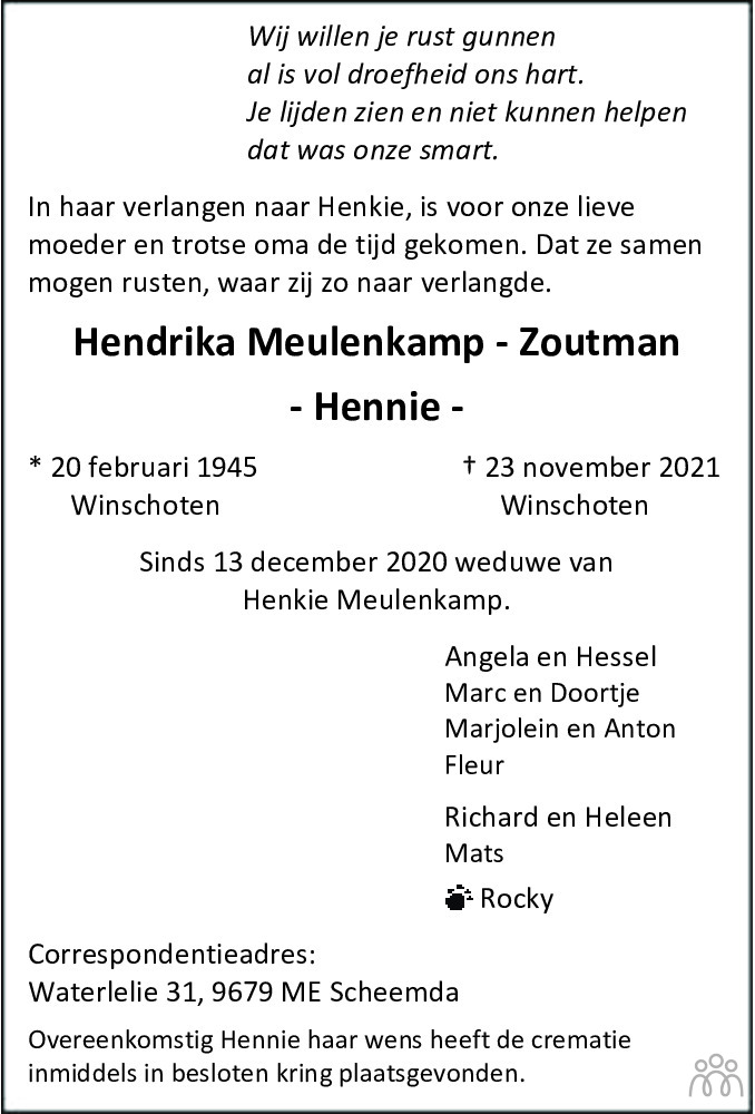 Overlijdensbericht van Hendrika (Hennie) Meulenkamp-Zoutman in Dagblad van het Noorden