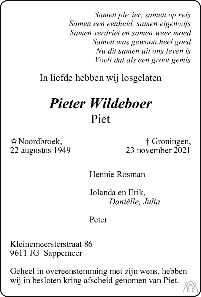 Overlijdensbericht van Pieter (Piet) Wildeboer in HS-krant