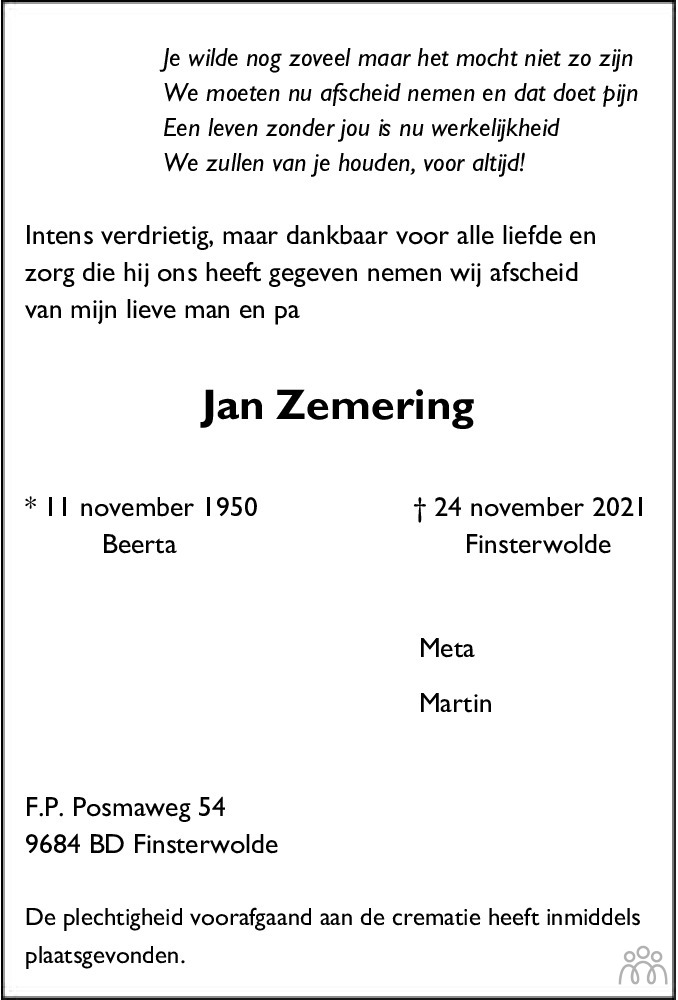 Overlijdensbericht van Jan Zemering in Streekblad/Pekelder Streekblad