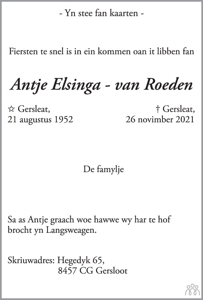 Overlijdensbericht van Antje Elsinga-van Roeden in Drachtster Courant
