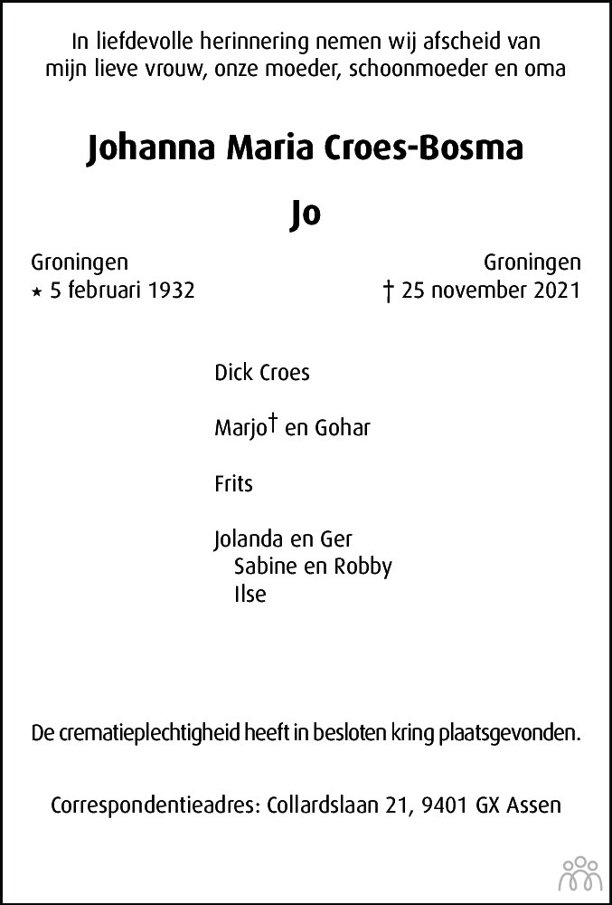 Overlijdensbericht van Johanna Maria (Jo) Croes-Bosma in Groninger Gezinsbode