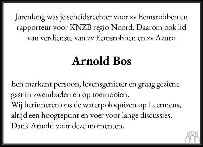 Overlijdensbericht van Arnold Bos in Eemsbode/Noorderkrant
