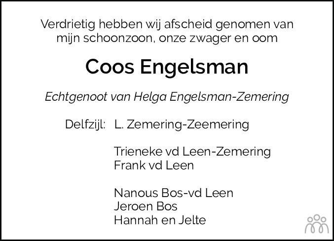 Overlijdensbericht van Sikko Christiaan (Coos) Engelsman in Eemsbode/Noorderkrant