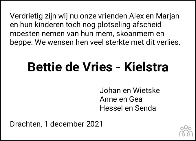 Overlijdensbericht van Elisabeth Cornelia (Bettie) de Vries-Kielstra in Drachtster Courant