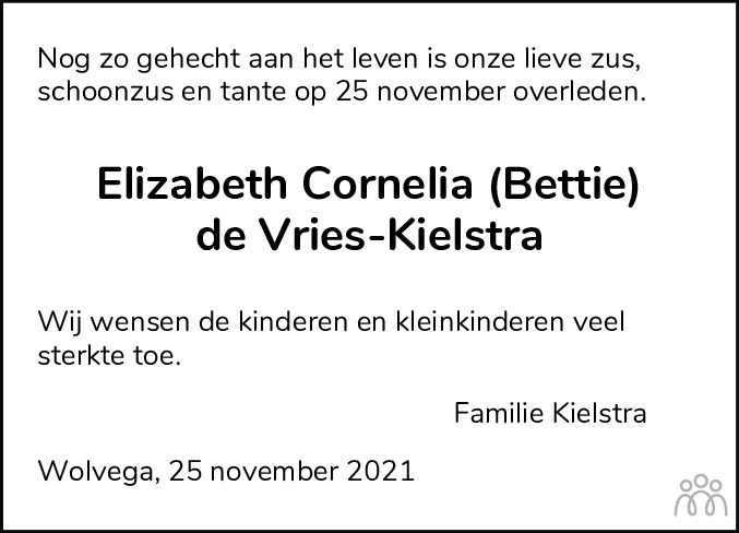 Overlijdensbericht van Elisabeth Cornelia (Bettie) de Vries-Kielstra in Drachtster Courant