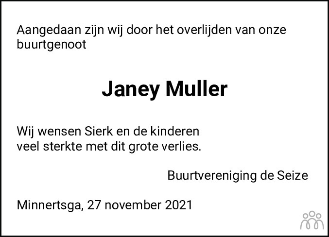 Overlijdensbericht van Jane Nancy (Janey) Muller-Faber in Franeker Courant