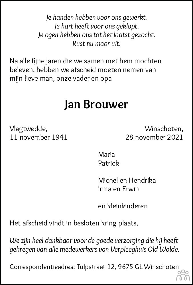 Overlijdensbericht van Jan Brouwer in Dagblad van het Noorden