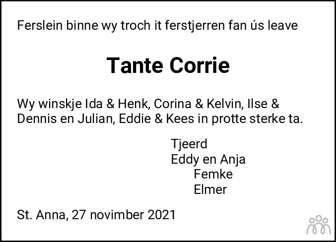 Cornelia (Corrie) van der Molen-de Vries 27-11-2021 overlijdensbericht