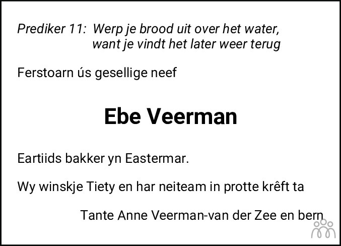 Overlijdensbericht van Ebe Lourens Veerman in Drachtster Courant