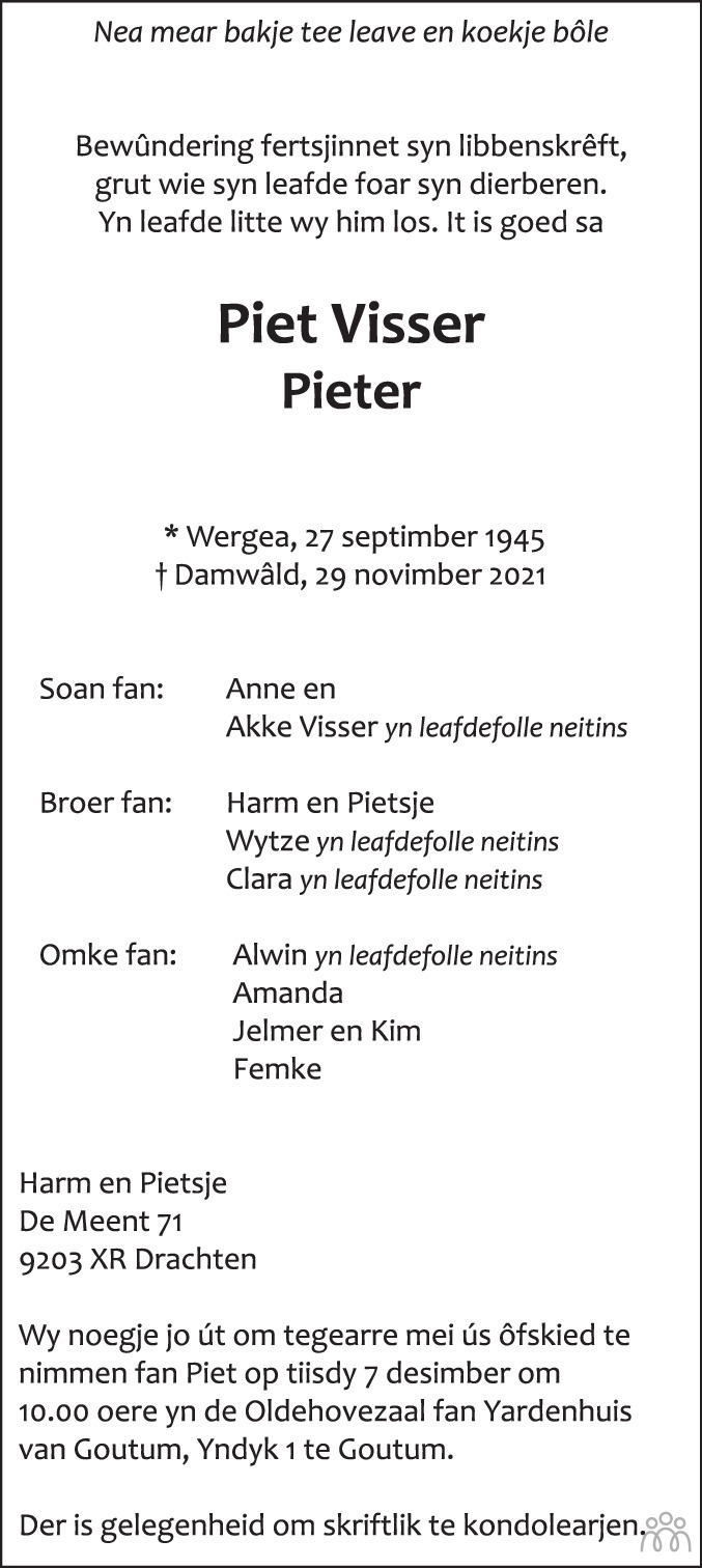 Overlijdensbericht van Piet (Pieter) Visser in Leeuwarder Courant