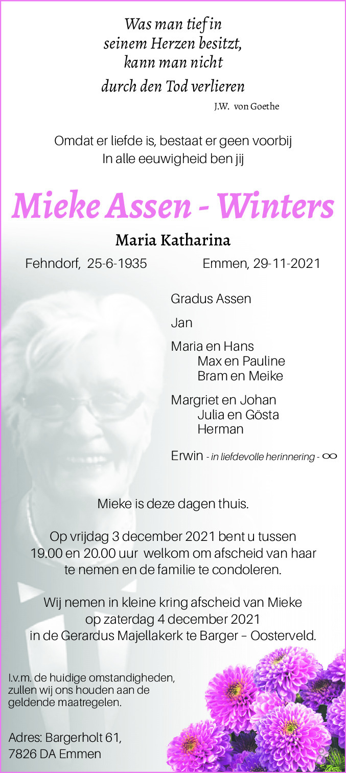 Overlijdensbericht van Mieke (Maria Katharina) Assen-Winters in Dagblad van het Noorden