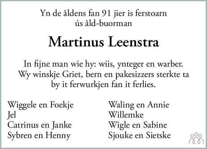Overlijdensbericht van Martinus Leenstra in Bolswards Nieuwsblad