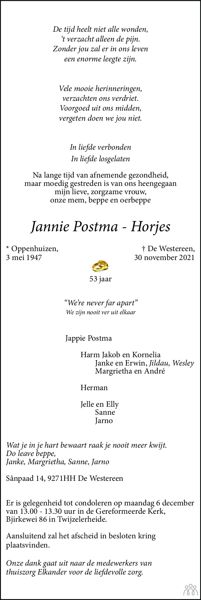 Overlijdensbericht van Jannie Postma-Horjes in Leeuwarder Courant