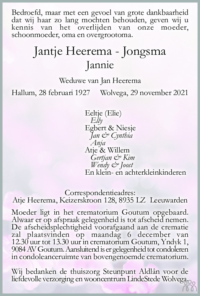 Overlijdensbericht van Jantje (Jannie) Heerema-Jongsma in Leeuwarder Courant