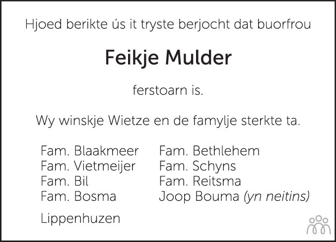 Overlijdensbericht van Feikje Mulder-Maat in Leeuwarder Courant