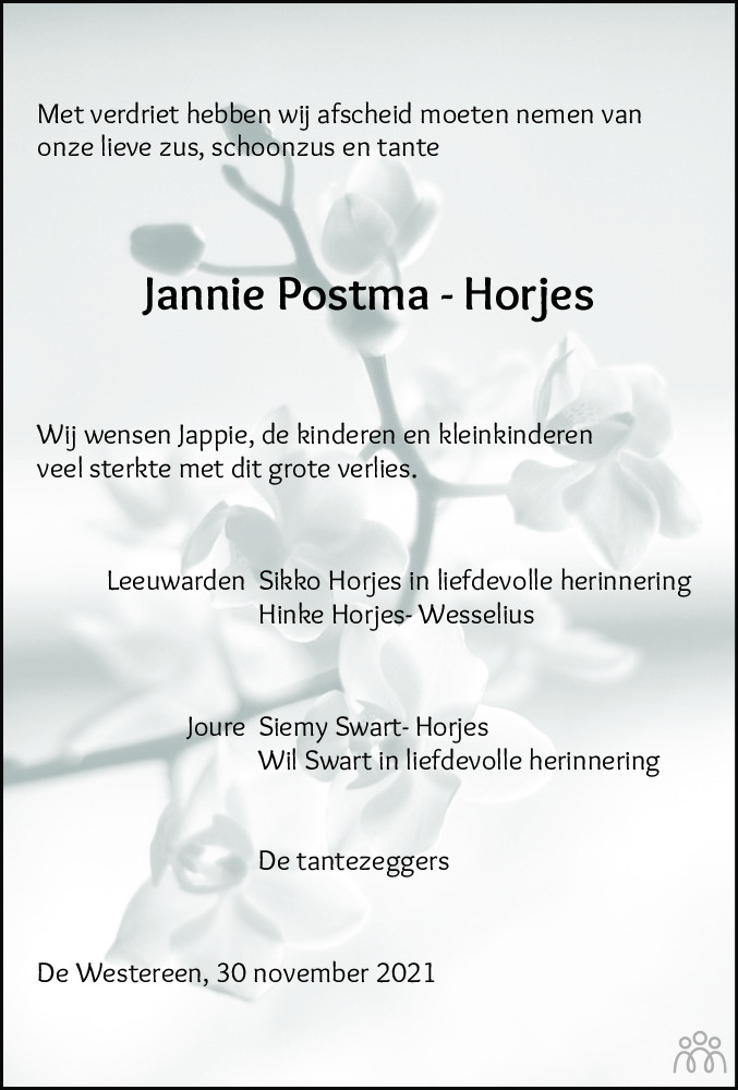 Overlijdensbericht van Jannie Postma-Horjes in Leeuwarder Courant