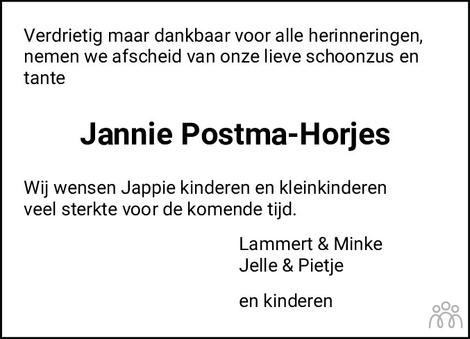 Overlijdensbericht van Jannie Postma-Horjes in Nieuwsblad Noordoost-Friesland