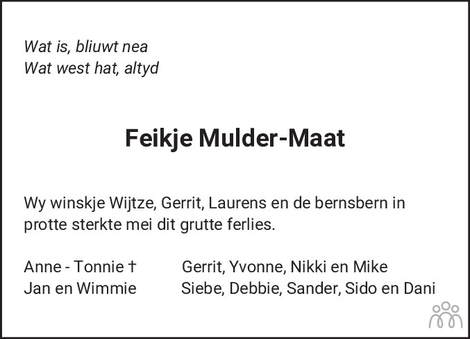 Overlijdensbericht van Feikje Mulder-Maat in Leeuwarder Courant