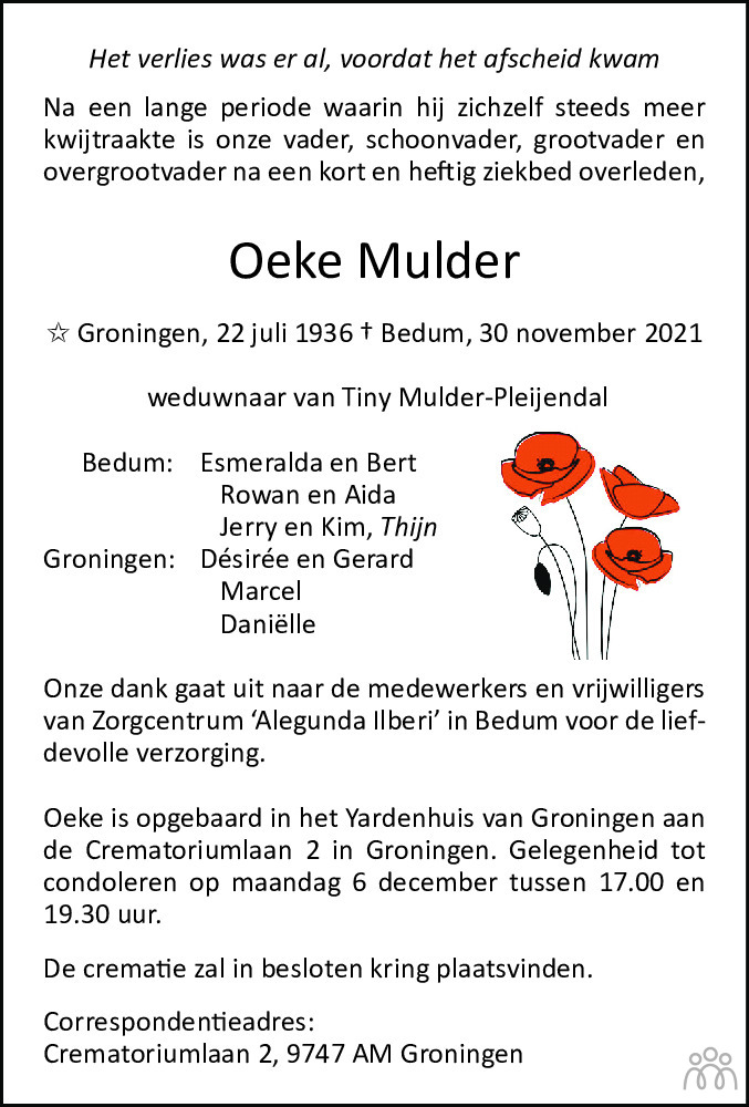 Overlijdensbericht van Oeke Mulder in Dagblad van het Noorden