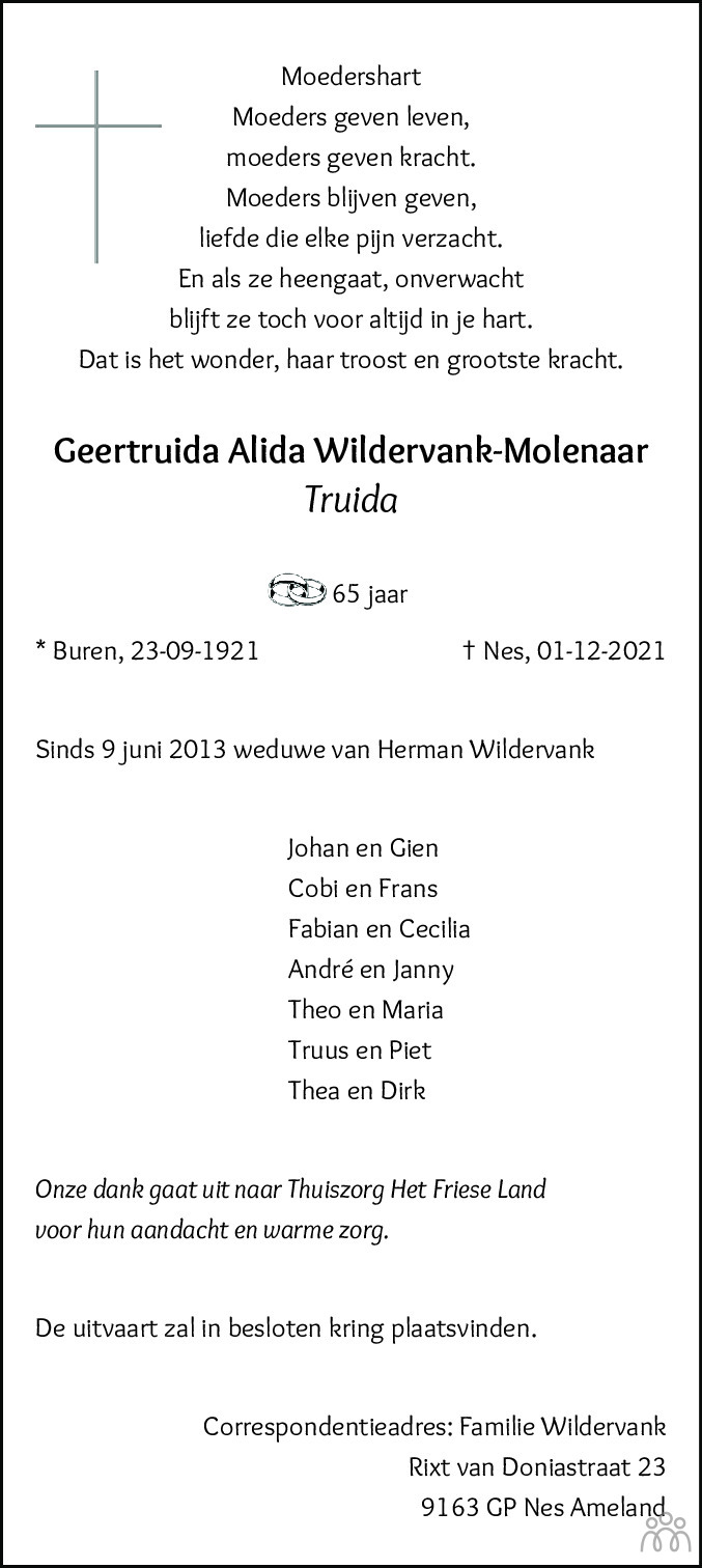 Overlijdensbericht van Geertruida Alida (Truida) Wildervank-Molenaar in Leeuwarder Courant