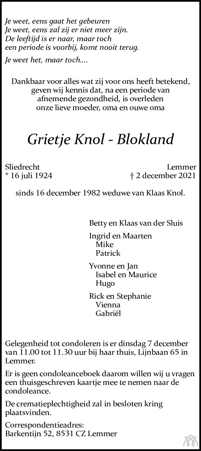Overlijdensbericht van Grietje Knol-Blokland in Leeuwarder Courant