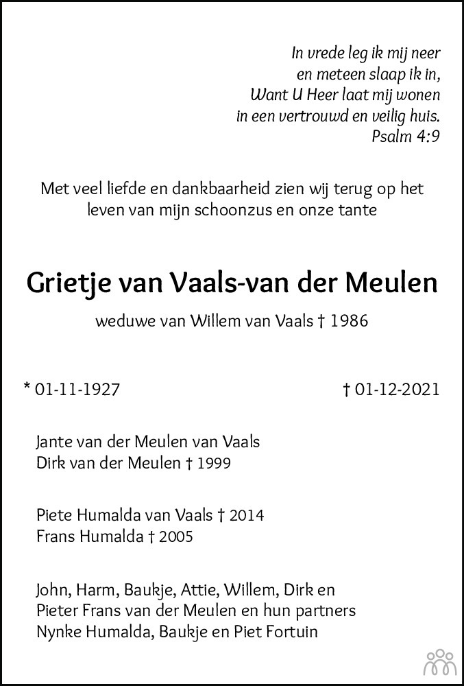 Overlijdensbericht van Grietje van Vaals-van der Meulen in Leeuwarder Courant