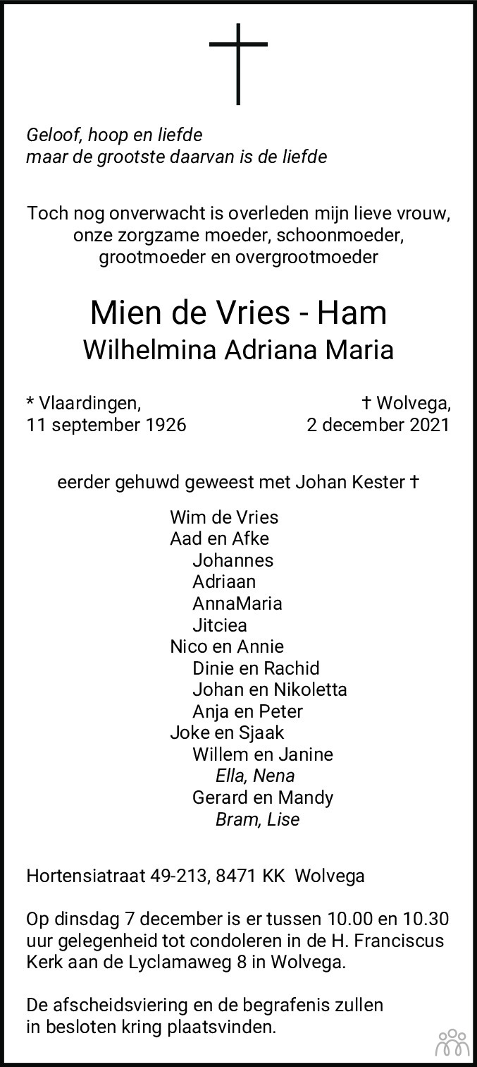 Overlijdensbericht van Mien (Wilhelmina Adriana Maria) de Vries-Ham in Leeuwarder Courant