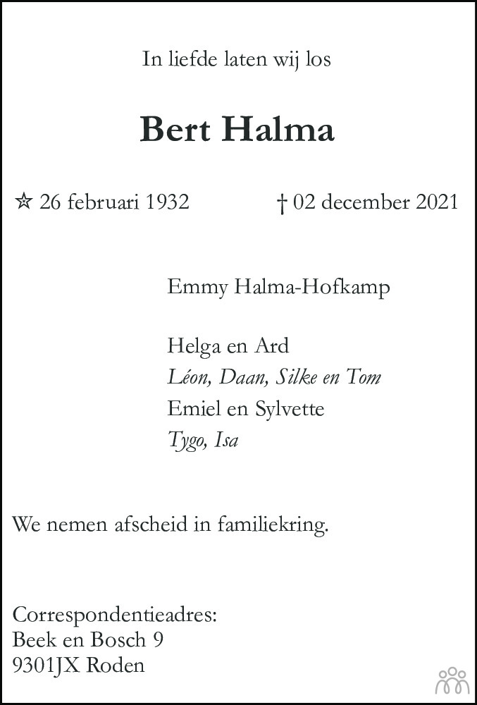 Overlijdensbericht van Bert Halma in Dagblad van het Noorden