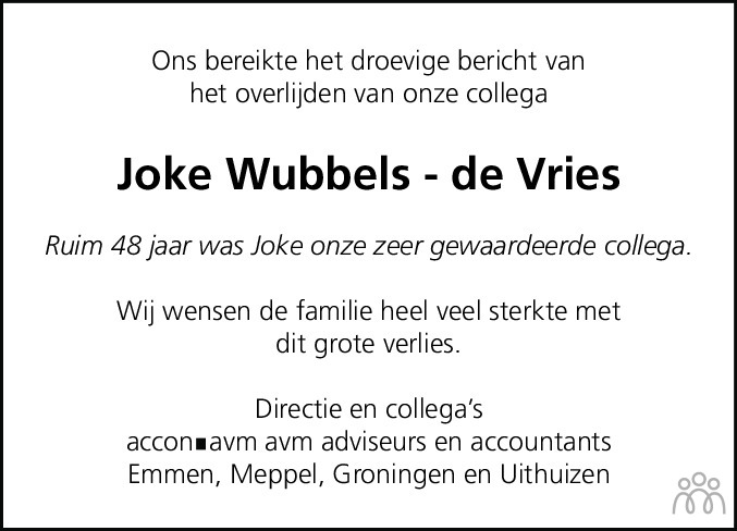 Overlijdensbericht van Joke Wubbels-de Vries in Dagblad van het Noorden