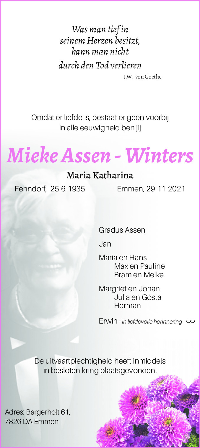 Overlijdensbericht van Mieke (Maria Katharina) Assen-Winters in Coevorden Huis aan Huis