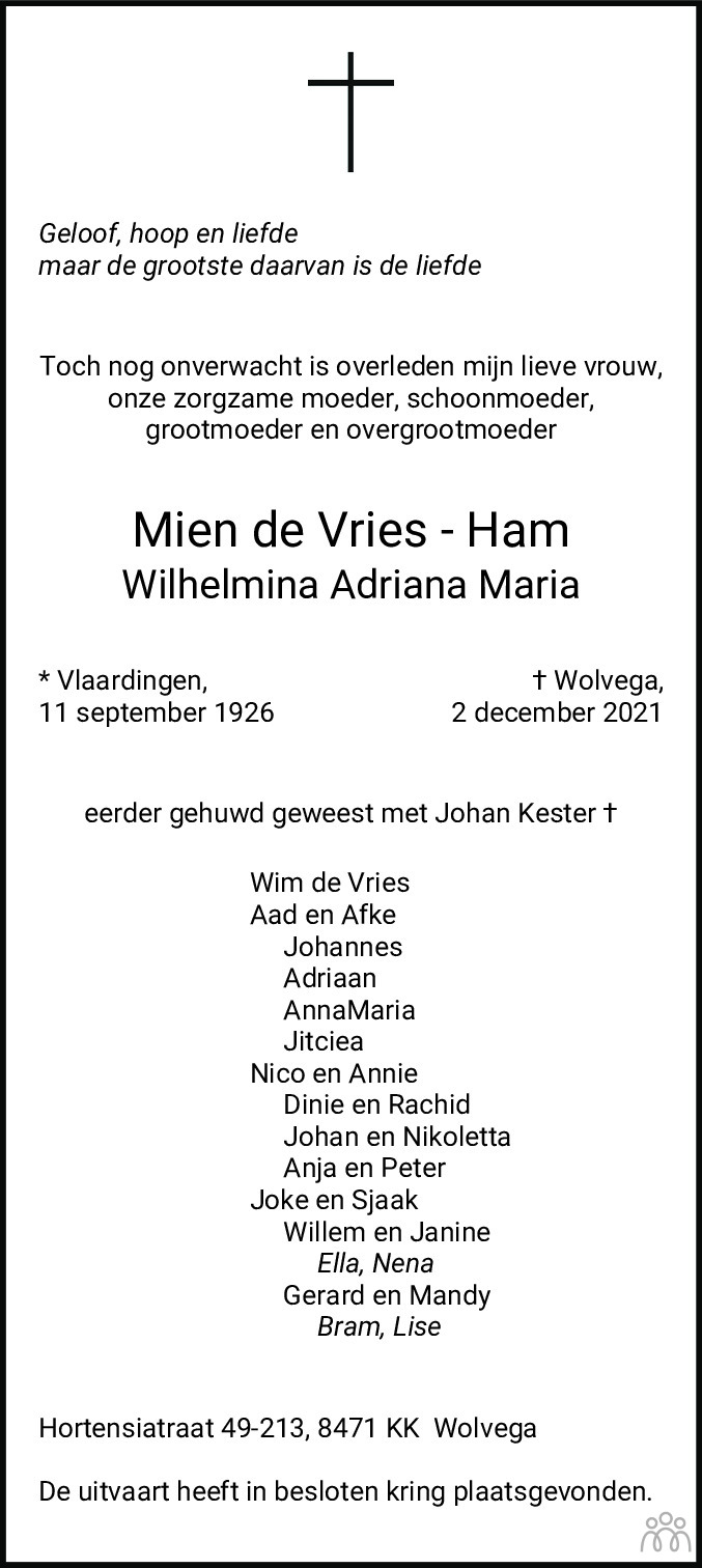Overlijdensbericht van Mien (Wilhelmina Adriana Maria) de Vries-Ham in De Stellingwerf