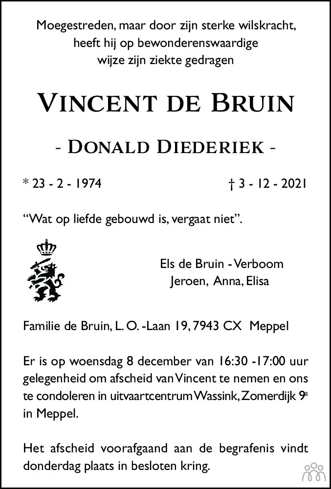 Overlijdensbericht van Vincent (Donald Diederiek) de Bruin in Meppeler Courant