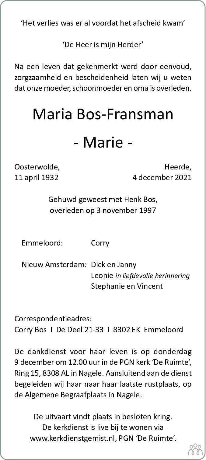 Overlijdensbericht van Maria (Marie) Bos-Fransman in Noordoostpolder