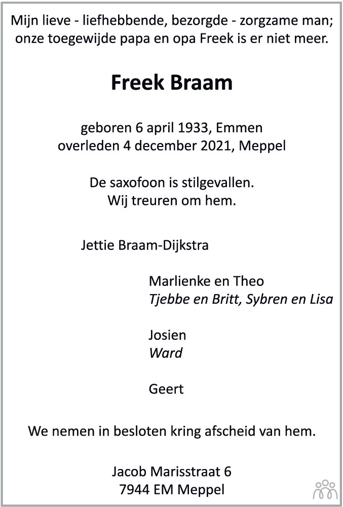 Overlijdensbericht van Freek Braam in Meppeler Courant