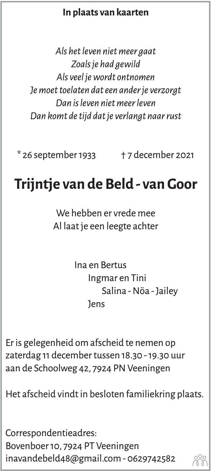 Overlijdensbericht van Trijntje van de Beld-van Goor in Hoogeveensche Courant