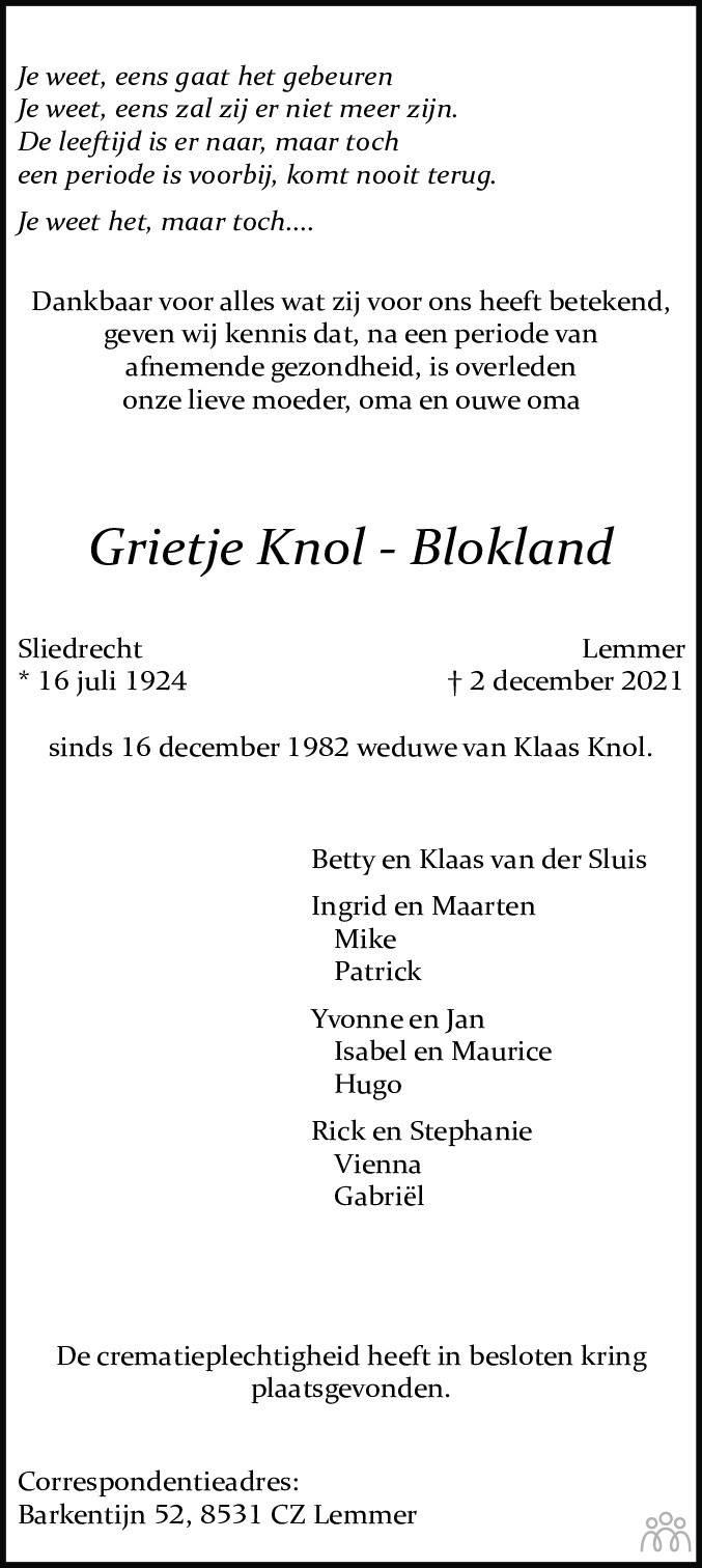 Overlijdensbericht van Grietje Knol-Blokland in Jouster Courant Zuid Friesland