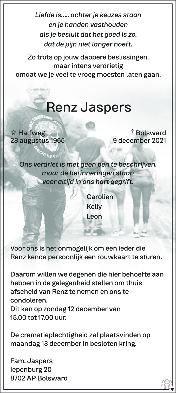 Overlijdensbericht van Renz Jaspers in Leeuwarder Courant