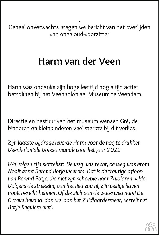 Overlijdensbericht van Harm van der Veen in Dagblad van het Noorden