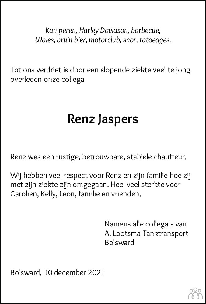 Overlijdensbericht van Renz Jaspers in Leeuwarder Courant