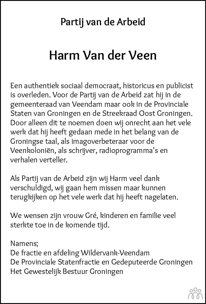 Overlijdensbericht van Harm van der Veen in Dagblad van het Noorden