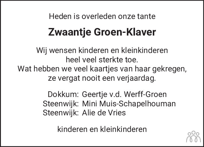 Overlijdensbericht van Zwaantje Groen-Klaver in Steenwijker Courant