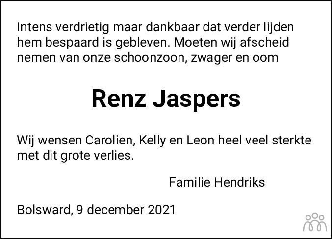 Overlijdensbericht van Renz Jaspers in Bolswards Nieuwsblad