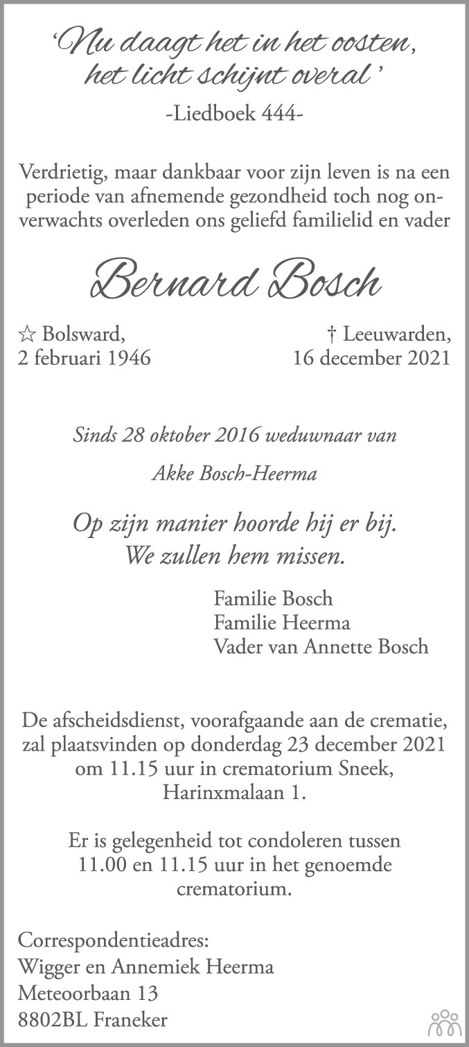 Bernard Bosch 16 12 2021 overlijdensbericht en condoleances