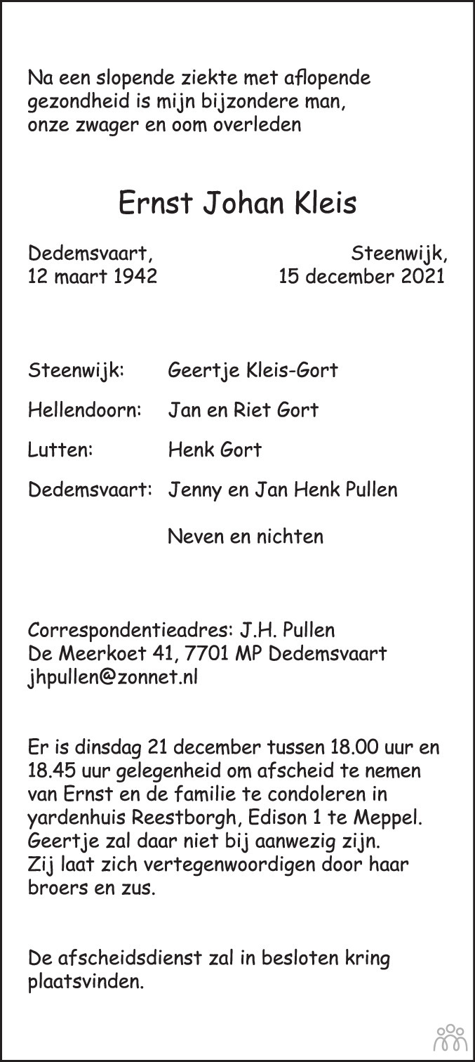 Overlijdensbericht van Ernst Johan Kleis in Steenwijker Courant