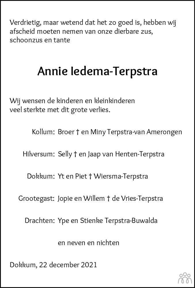 Overlijdensbericht van Annie Iedema-Terpstra in Friesch Dagblad