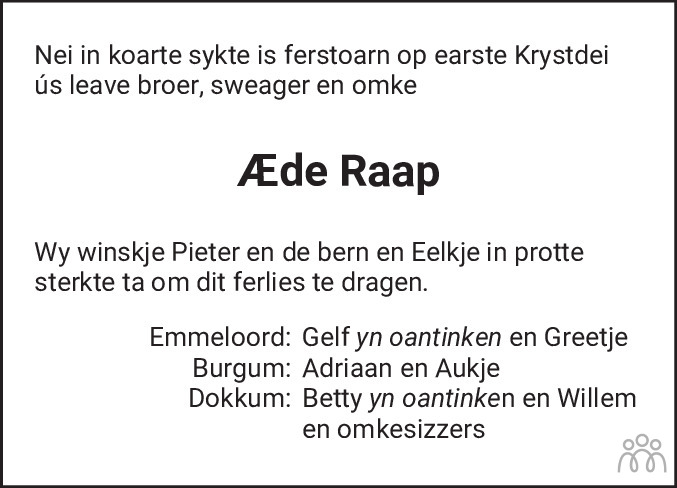 Overlijdensbericht van Æde Raap in Friesch Dagblad