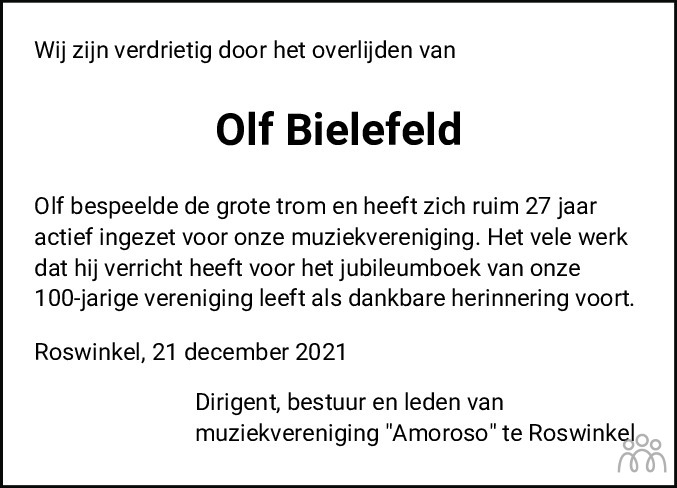 Overlijdensbericht van Olf  Bielefeld in Emmen Nu