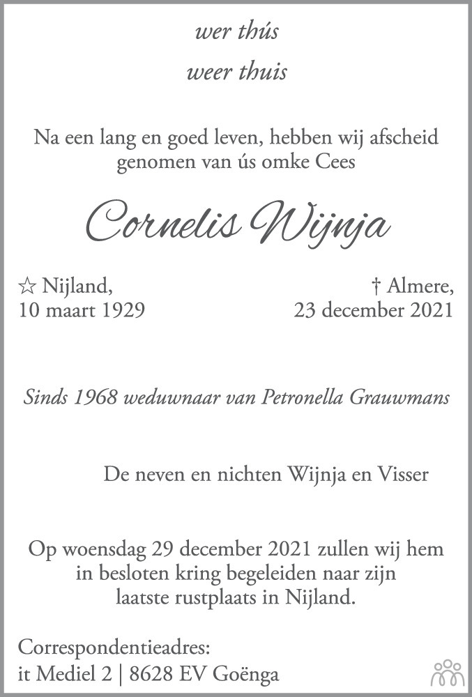 Overlijdensbericht van Cornelis Wijnja in Leeuwarder Courant