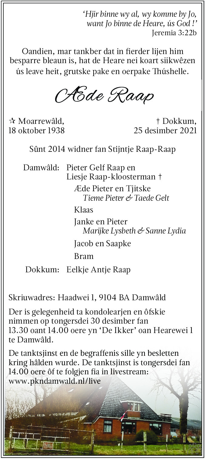 Overlijdensbericht van Æde Raap in Friesch Dagblad